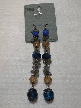 Blue and Gold Beaded Drop Earrings - Long Dangle Statement